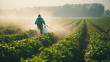 Fototapeta  - farmer sprays a potato plantation with a sprayer