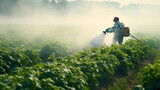 Fototapeta  - farmer sprays a potato plantation with a sprayer