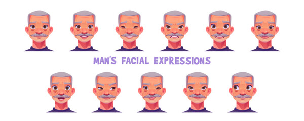 Wall Mural - Old man avatar with different facial expression vector set. Mature person head icon with happy, surprised, angry, wink and scared face isolated clipart collection. Human portrait with mood reaction