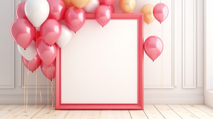 Wall Mural - beautiful happy birthday card with balloon and photo frame
