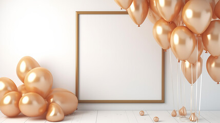 Wall Mural - frame poster mockup with gold balloons air balloon 3d rendering
