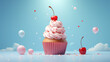 paper art of falling cupcake with red cherry. happy birthday celebration on blue background