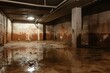 A basement with a damp flood and moldy walls. Generative AI
