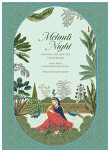 Traditional Indian Mughal Wedding Card Design. Invitation Card For Mehedi Night Printing Vector Illustration.