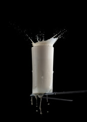 Wall Mural - fresh milk in a glass on table on black background,milk splash
