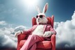 A white hare in sunglasses and a pink suit is sitting in a chair on a cloud