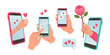 © spirka.art - Love message set. Hand holding phone with love or like notification messages, Valentines day design concept