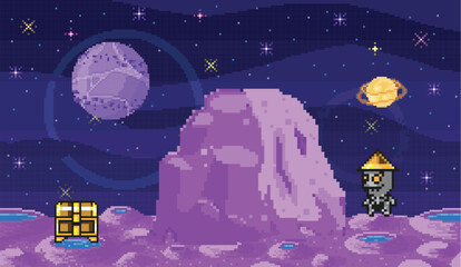 Wall Mural - Space exploration illustration, fantasy alien landscape. Cartoon pixel art background. Horizontal cosmic banner. Another planet concept. Universe of spherical star objects. Pixelated location for game