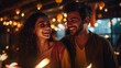 Smiling youthful joyous happy married couple celebrating Diwali together. Generative Ai.