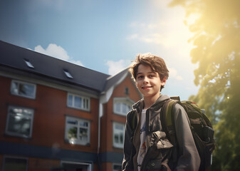 Back to school. Smiling school boy with backpack on schoolyard ready to learn
