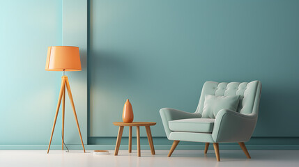 mid century armchair and floor lamp near light blue wall