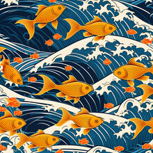 Japanese Wave Pattern With Fishes Dark