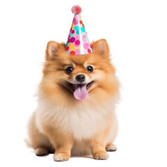 Sticker - Fluffy dog with birthday cap isolated