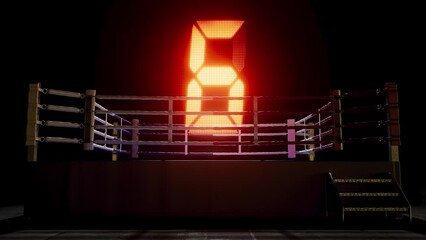 Wall Mural - A modern boxing ring with an illuminated digital screen counting down from 10 to 1 on a dark isolated background