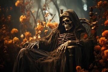 Creepy skeleton wearing cape, horror, creepy, mystical halloween fantasy illustration made with Generative AI