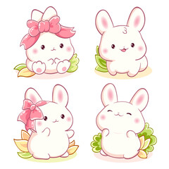 Wall Mural - Set of little bunny in kawaii style. Tiny baby rabbits in multiple poses. Cute rabbit expression sheet collection. Can be used for t-shirt print, sticker, greeting card. Vector illustration EPS8