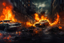 Post-apocalyptic Urban Scene With Cars On Fire And Buildings In Debris