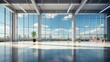 © Georgii - Interior of empty open space office area in modern luxury building. Glossy floor, white walls, plants in pots, huge floor-to-ceiling windows with urban view. Template, 3D rendering.