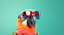Parrot Wearing Red Sunglasses, Party Animal In Shades On Minimal Green Background, Editorial Animal Concept | Generative AI