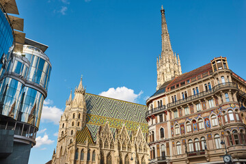 Wall Mural - St. Stephans cathedral square. Multicolored rooftop in Vienna city center. Austria