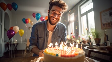 Poster - A man smiles as he blows out candles on a birthday cake. Generative AI.