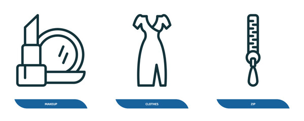 Wall Mural - set of 3 linear icons from woman clothing concept. outline icons such as makeup, clothes, zip vector