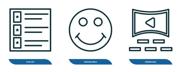 Wall Mural - set of 3 linear icons from user interface concept. outline icons such as film list, smiling smile, c