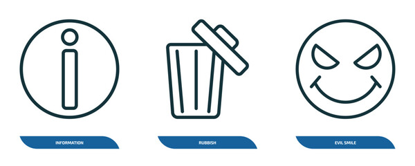 Wall Mural - set of 3 linear icons from user interface concept. outline icons such as information, rubbish, evil 
