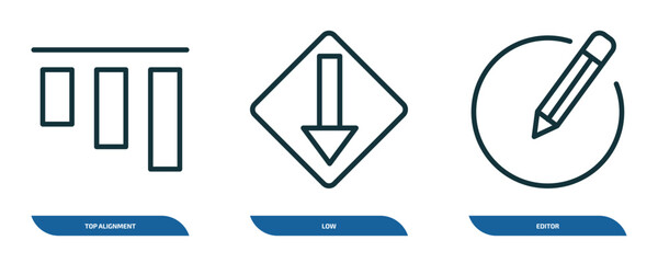 Wall Mural - set of 3 linear icons from user interface concept. outline icons such as top alignment, low, editor 