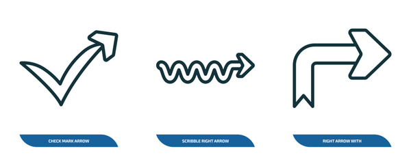 Wall Mural - set of 3 linear icons from user interface concept. outline icons such as check mark arrow, scribble 