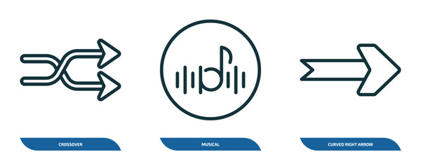 Wall Mural - set of 3 linear icons from user interface concept. outline icons such as crossover, musical, curved 