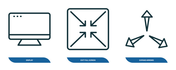 Wall Mural - set of 3 linear icons from user interface concept. outline icons such as display, exit full screen a