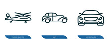Set Of 3 Linear Icons From Transportation Concept. Outline Icons Such As Military Helicopter, Jalopy, Car Frontal View Vector