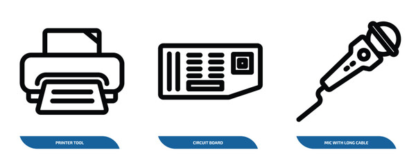 Wall Mural - set of 3 linear icons from technology concept. outline icons such as printer tool, circuit board, mic with long cable vector