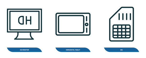 Wall Mural - set of 3 linear icons from technology concept. outline icons such as hd monitor, horizontal tablet, 