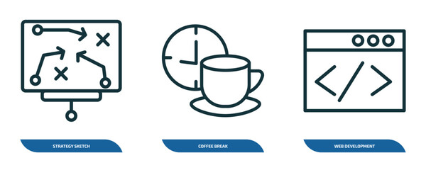 Wall Mural - set of 3 linear icons from startup stategy and concept. outline icons such as strategy sketch, coffe