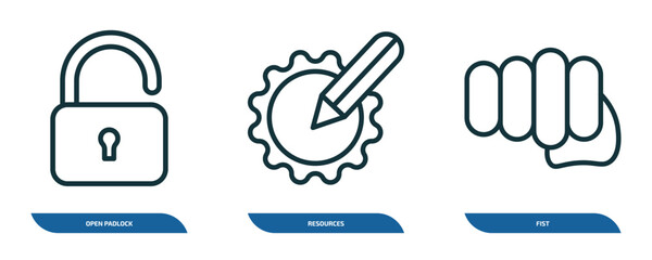 Wall Mural - set of 3 linear icons from success concept. outline icons such as open padlock, resources, fist vect