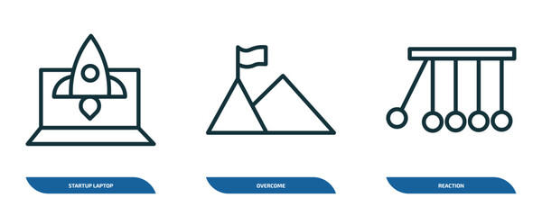 Wall Mural - set of 3 linear icons from startup stategy and concept. outline icons such as startup laptop, overco