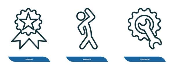 Wall Mural - set of 3 linear icons from sports concept. outline icons such as awards, aerobics, equipment vector