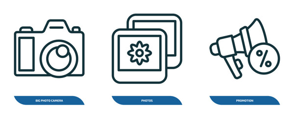 Wall Mural - set of 3 linear icons from social media marketing concept. outline icons such as big photo camera, p