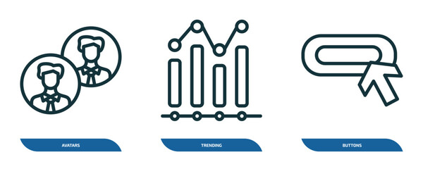 Wall Mural - set of 3 linear icons from social media marketing concept. outline icons such as avatars, trending, 