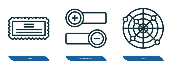 Wall Mural - set of 3 linear icons from social media marketing concept. outline icons such as stamps, pros and co
