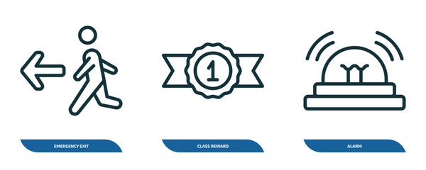 Wall Mural - set of 3 linear icons from signs concept. outline icons such as emergency exit, class reward, alarm 