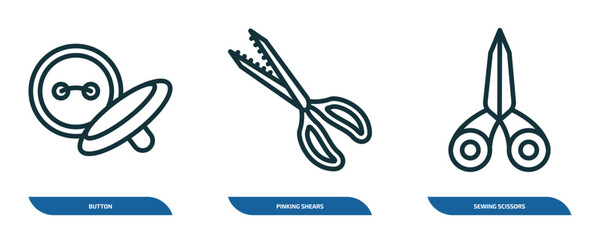 Wall Mural - set of 3 linear icons from sew concept. outline icons such as button, pinking shears, sewing scissor
