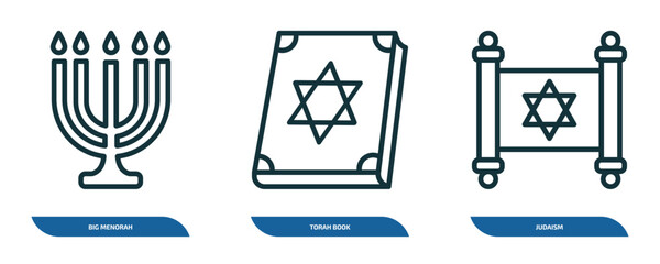 set of 3 linear icons from religion concept. outline icons such as big menorah, torah book, judaism vector