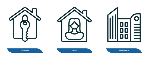 Wall Mural - set of 3 linear icons from real estate concept. outline icons such as house key, tenant, skyscraper 