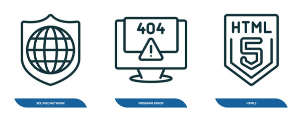 Wall Mural - set of 3 linear icons from programming concept. outline icons such as secured network, program error