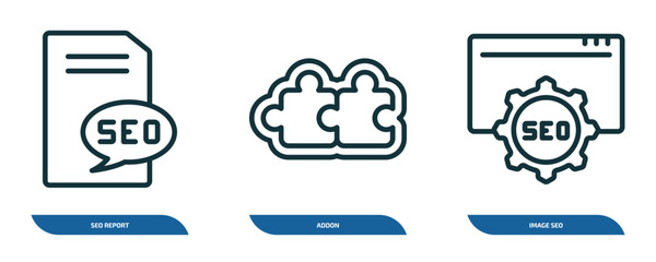 Wall Mural - set of 3 linear icons from programming concept. outline icons such as seo report, addon, image seo v