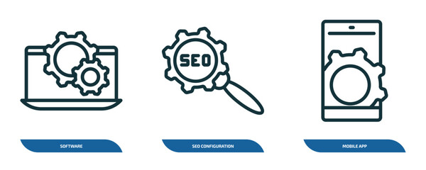 Wall Mural - set of 3 linear icons from seo concept. outline icons such as software, seo configuration, mobile ap
