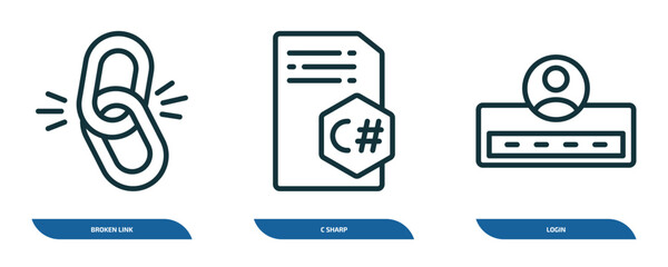 Wall Mural - set of 3 linear icons from programming concept. outline icons such as broken link, c sharp, login ve